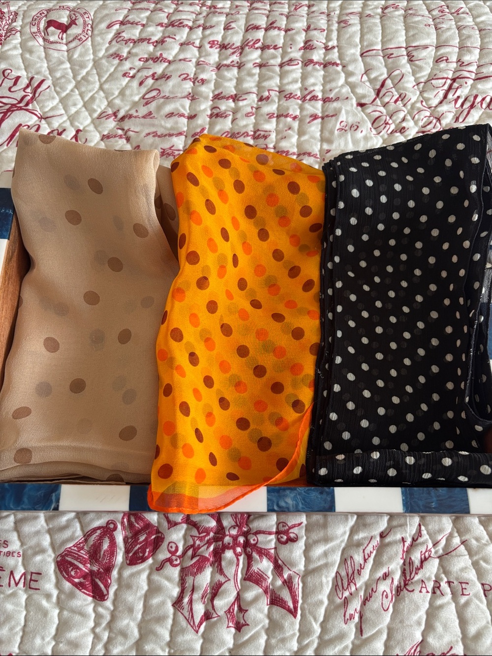 VINTAGE Scarf Bundle Trio: Polka Dot Scarves in Beige, Orange & Black